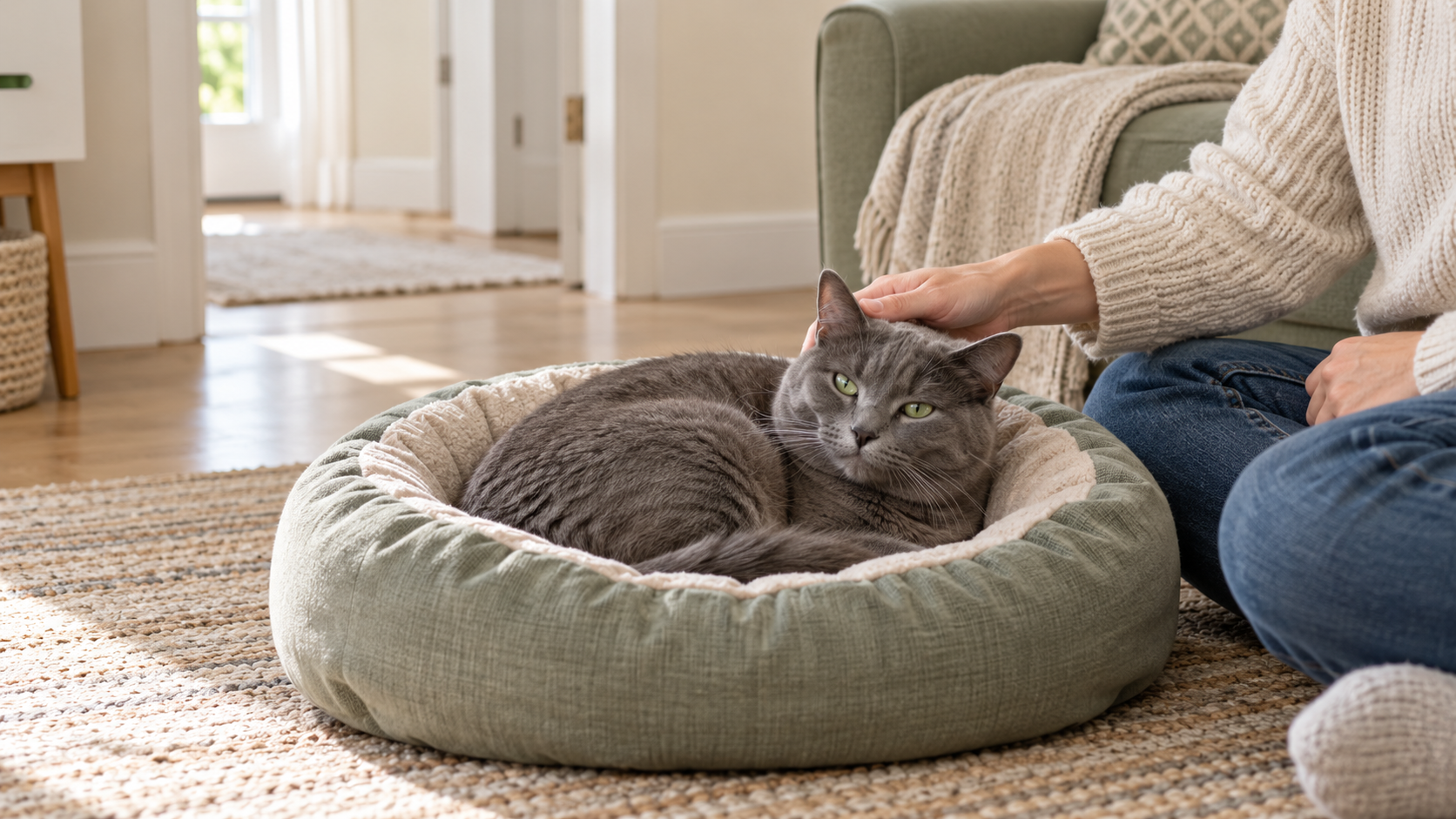 Gray cat resting in a green padded bed while a person gently touches its head