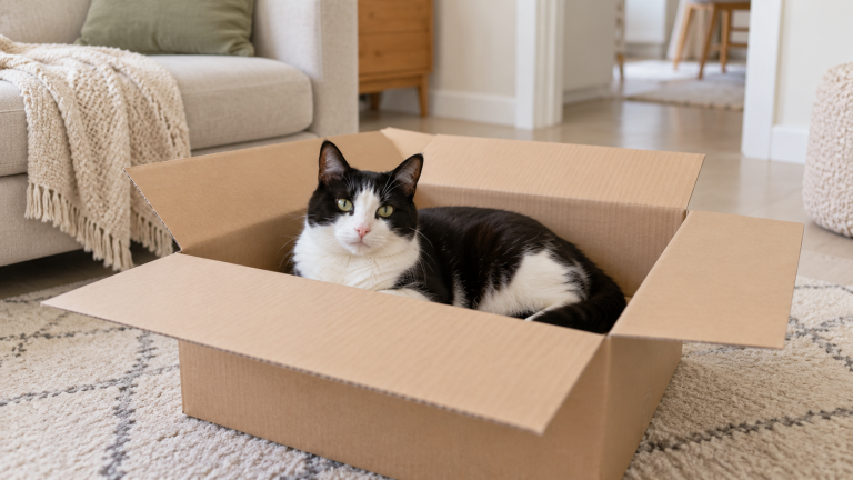 Black-and-white cat resting inside a roomy open cardboard box
