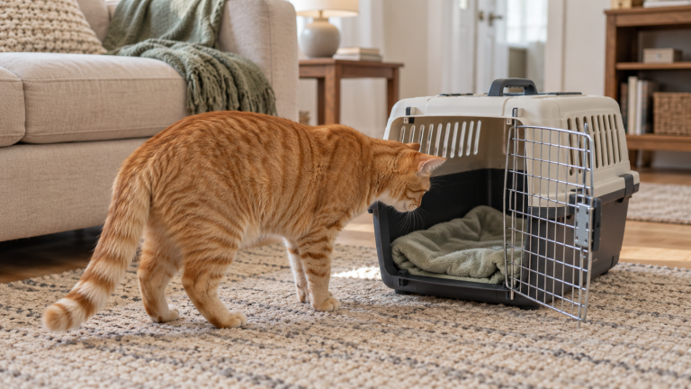 Orange tabby cat looking into a gray carrier with its door open and a blanket inside