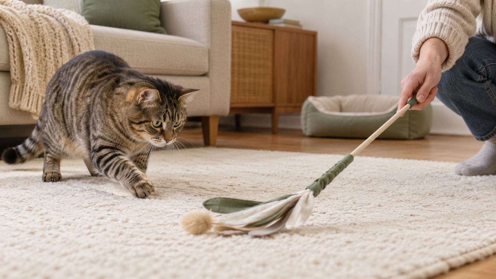 Tabby cat watching a soft wand-toy lure held near the floor by a person