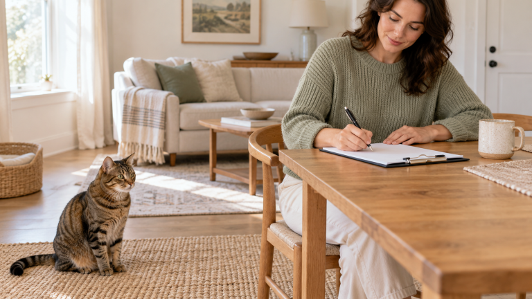 Tabby cat near a seated person writing on a clipboard at a table