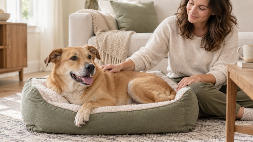 Tan adult dog resting on a green padded bed while a person gently pets it