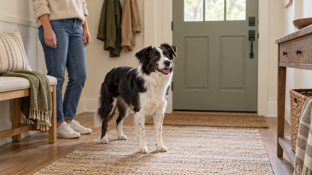 Black-and-white dog standing beside a person near a closed entry door