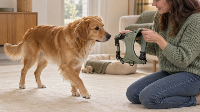 Golden-coated dog walking toward a kneeling person who holds out an open green harness