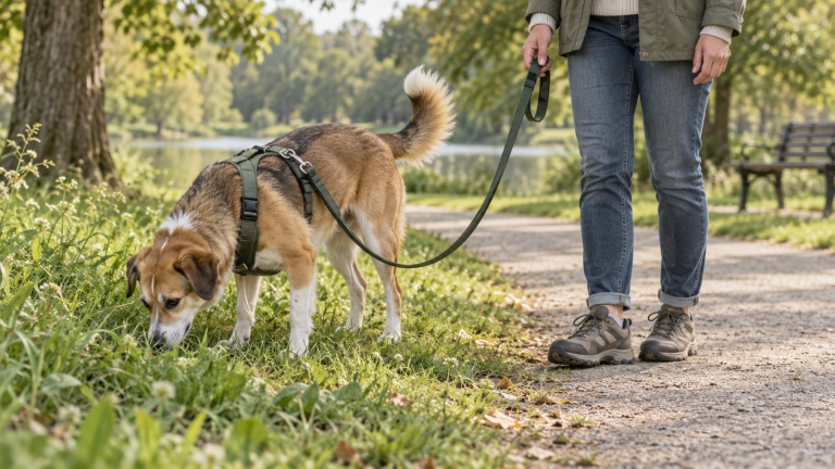 Brown-and-white dog wearing a harness sniffing grass beside a person on a park path