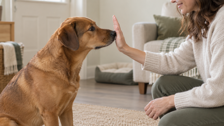 Brown dog touching a kneeling person’s open palm with its nose