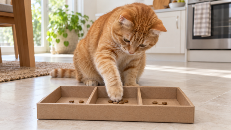Orange tabby cat reaching into a shallow cardboard food tray with open compartments