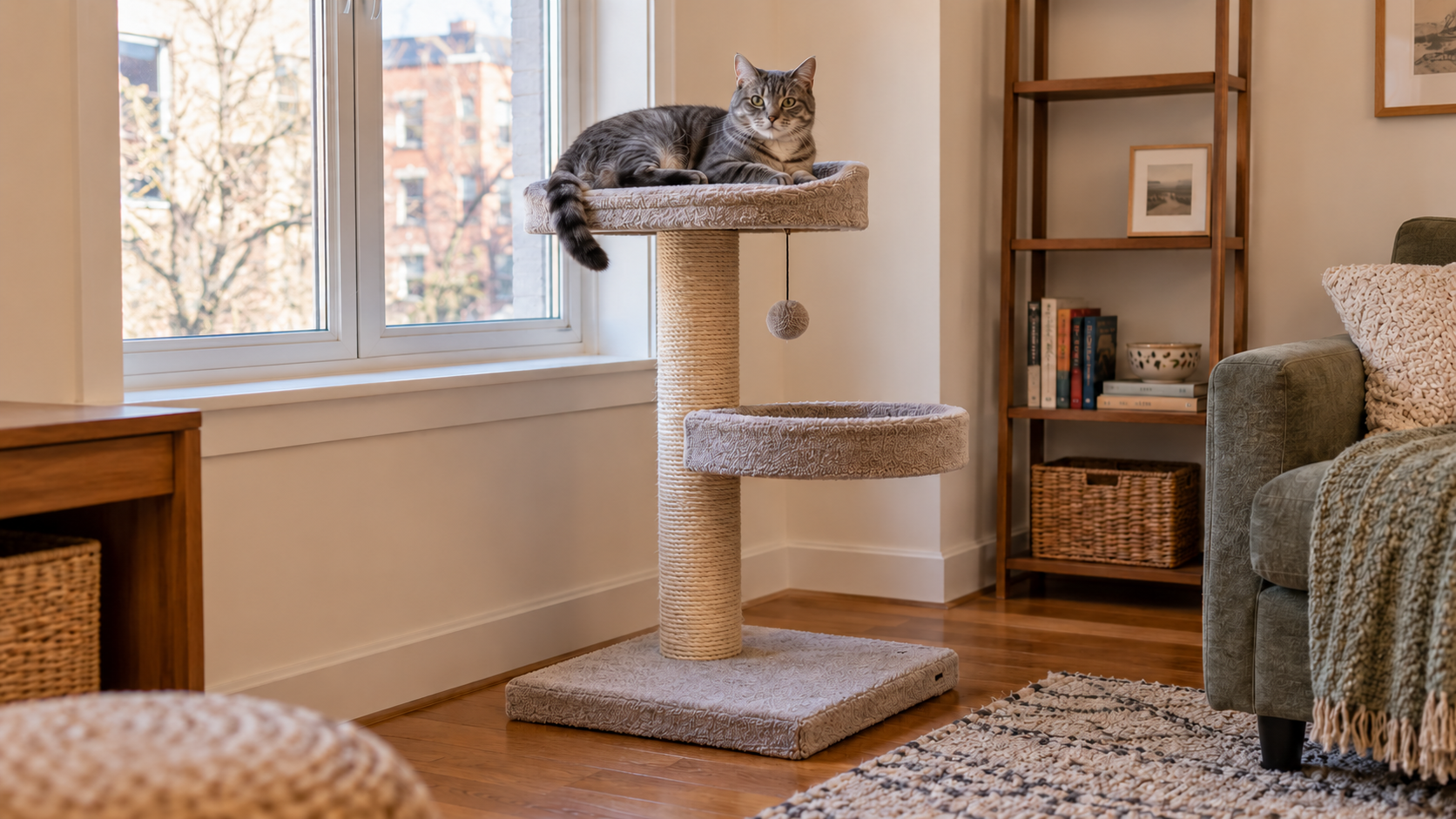Gray tabby cat resting on the top platform of a compact cat tree beside a window
