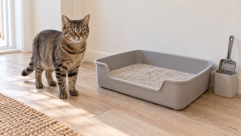 Tabby cat standing beside a large open litter tray with a low entry