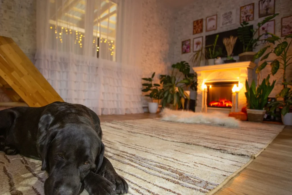 Black Labrador resting its head on a cream rug in a warmly lit living room with a glowing fireplace and plants
